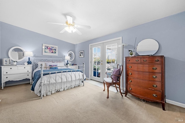 bedroom featuring ceiling fan, french doors, light colored carpet, and access to exterior