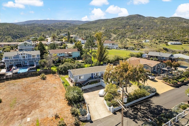 birds eye view of property featuring a mountain view and a residential view