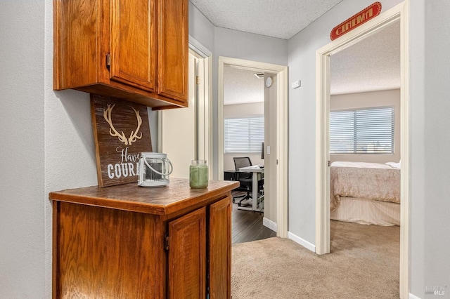 corridor with baseboards, carpet flooring, and a textured ceiling