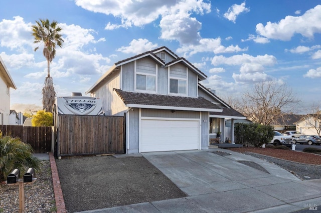 traditional-style home featuring a garage, a tile roof, concrete driveway, and fence