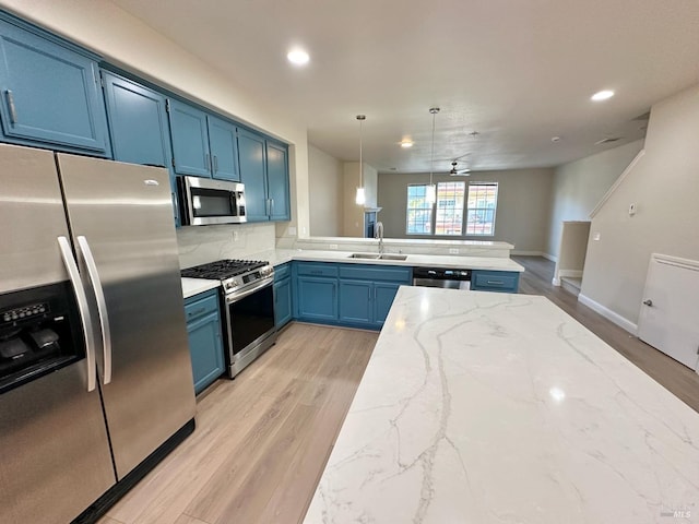 kitchen with blue cabinetry, light wood finished floors, appliances with stainless steel finishes, a sink, and a peninsula