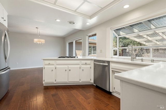 kitchen featuring a sink, appliances with stainless steel finishes, dark wood-style floors, and recessed lighting