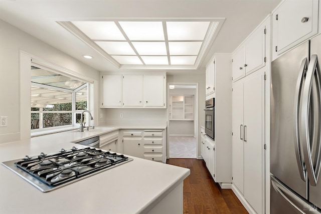 kitchen featuring light countertops, appliances with stainless steel finishes, dark wood-style floors, white cabinetry, and a sink