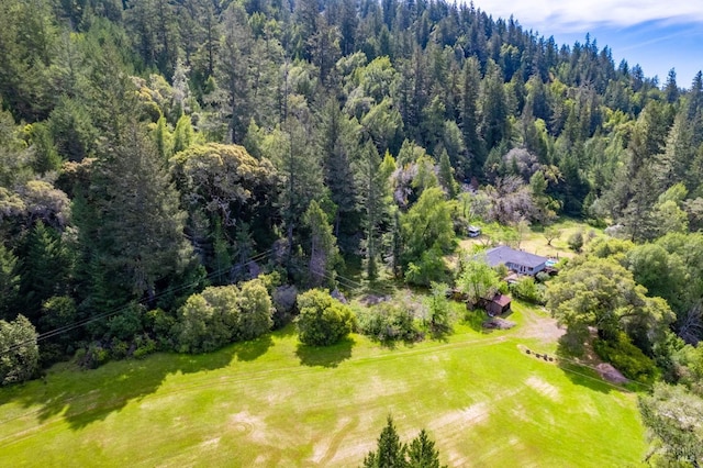 aerial view featuring a wooded view