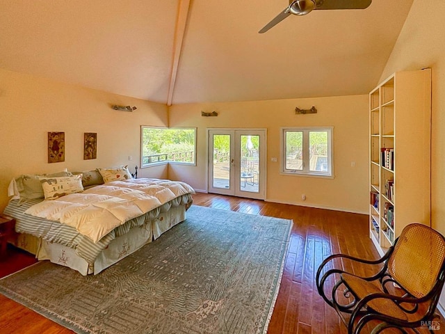 bedroom with hardwood / wood-style floors, access to exterior, lofted ceiling with beams, and french doors