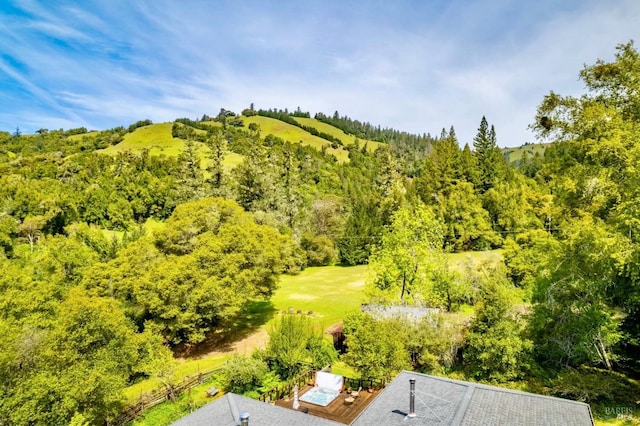 aerial view featuring a wooded view