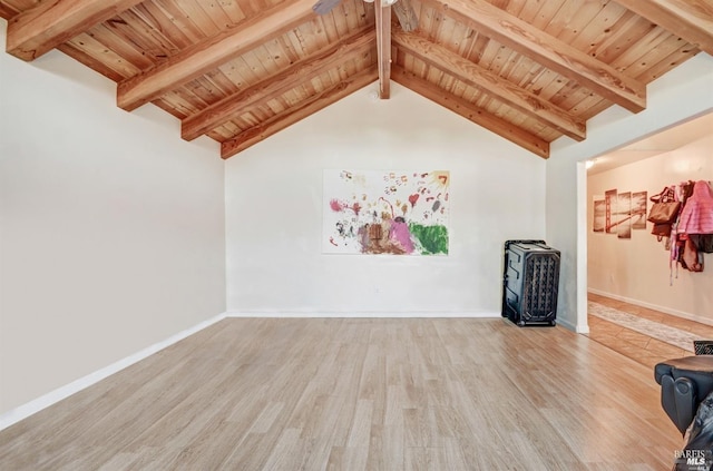 unfurnished living room featuring baseboards, wood ceiling, wood finished floors, and vaulted ceiling with beams
