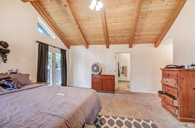 bedroom with access to exterior, beam ceiling, wood ceiling, and light colored carpet