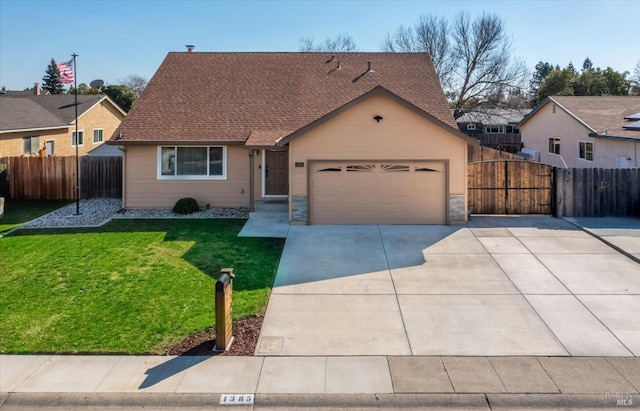 view of front of home featuring a front lawn, fence, concrete driveway, a shingled roof, and a garage