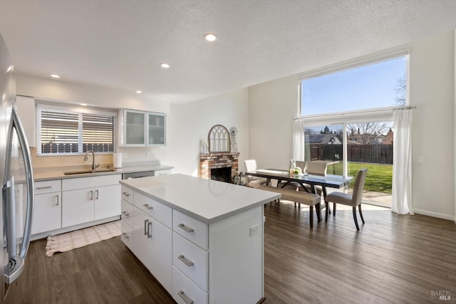 kitchen with dark wood-style floors, a kitchen island, freestanding refrigerator, and a sink