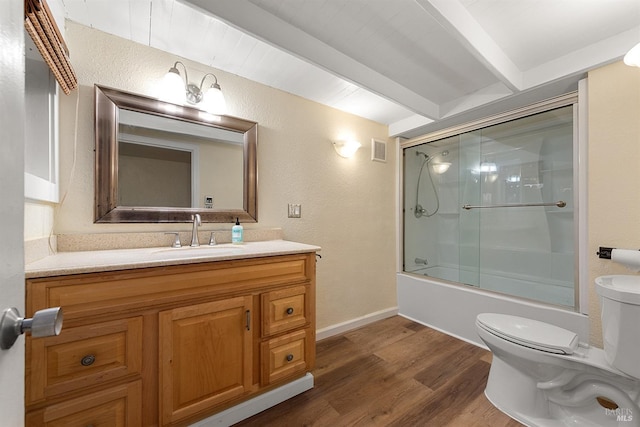 full bath with visible vents, toilet, beam ceiling, wood finished floors, and vanity