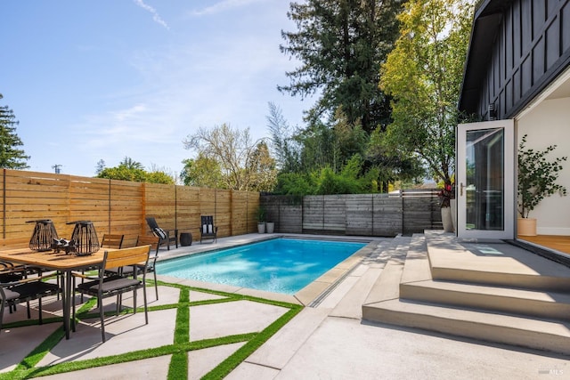 view of swimming pool with a patio area, a fenced backyard, and a fenced in pool