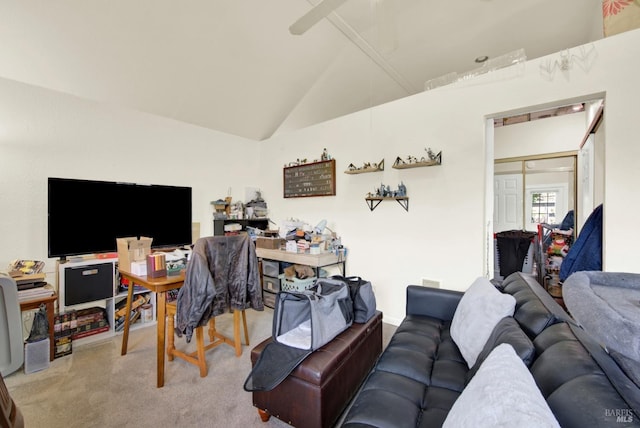 office with lofted ceiling and carpet floors