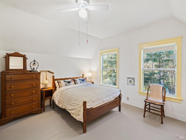 bedroom featuring a ceiling fan, baseboards, and vaulted ceiling