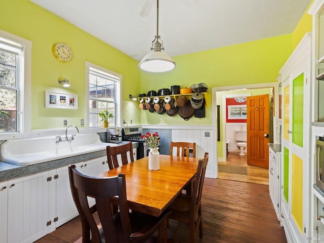 dining room featuring a wainscoted wall and dark wood finished floors