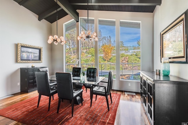 dining space featuring beam ceiling, baseboards, dark wood-type flooring, and a chandelier