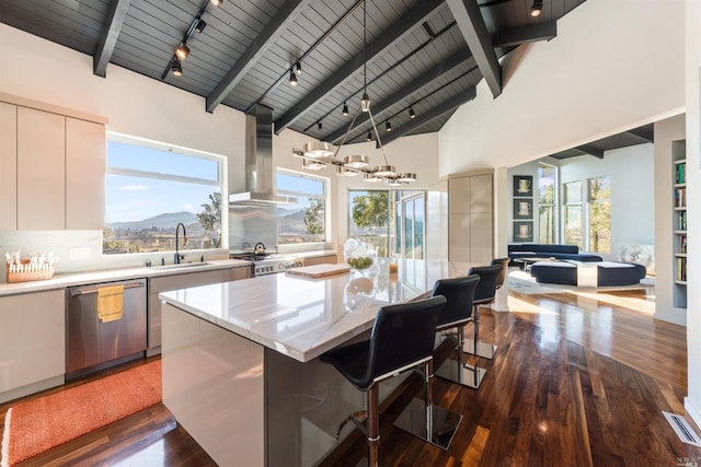 kitchen featuring plenty of natural light, stainless steel dishwasher, modern cabinets, and exhaust hood