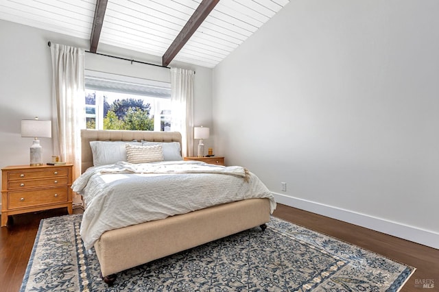 bedroom featuring wood finished floors, lofted ceiling with beams, baseboards, and wooden ceiling
