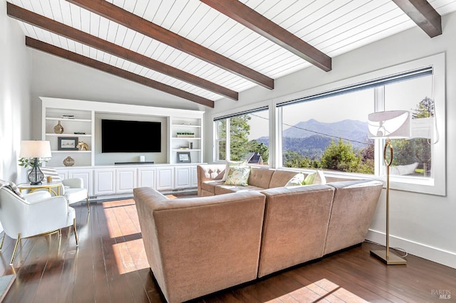 living area featuring built in shelves, wood-type flooring, wooden ceiling, baseboards, and vaulted ceiling with beams