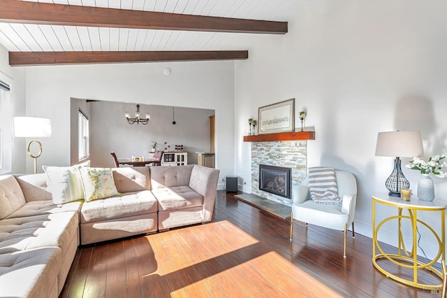 living area with wood ceiling, baseboards, wood-type flooring, built in features, and vaulted ceiling with beams