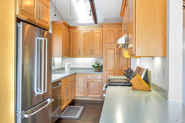 interior details with wood finished floors and a stone fireplace