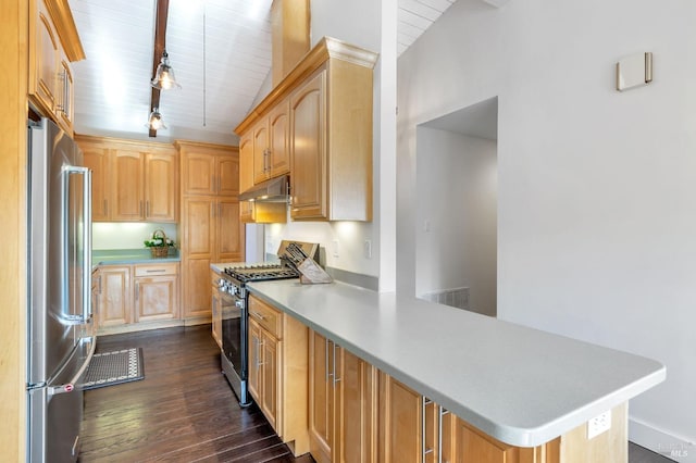 kitchen featuring beamed ceiling, a sink, stainless steel appliances, light countertops, and range hood