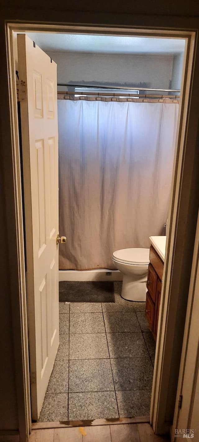 full bathroom with vanity, a shower with shower curtain, and toilet