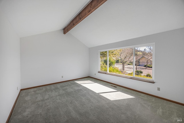 additional living space with carpet flooring, baseboards, visible vents, and vaulted ceiling with beams