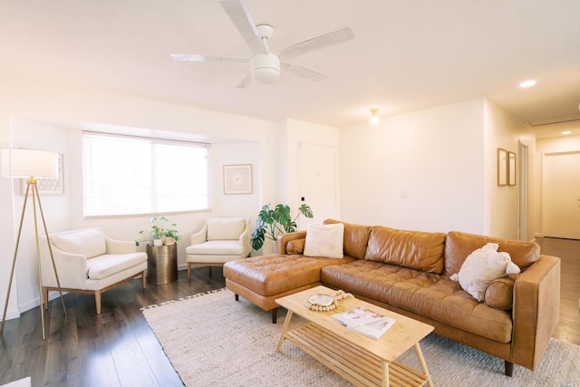 living room featuring a ceiling fan, recessed lighting, and dark wood-style floors