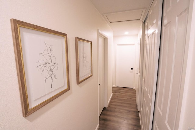 corridor with attic access and dark wood-style flooring