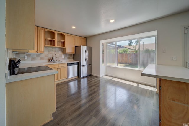 kitchen featuring light brown cabinets, a sink, decorative backsplash, dark wood-type flooring, and stainless steel appliances