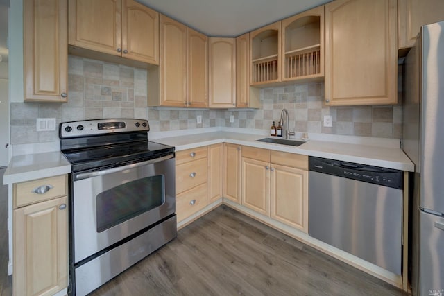 kitchen with light brown cabinetry, appliances with stainless steel finishes, and a sink