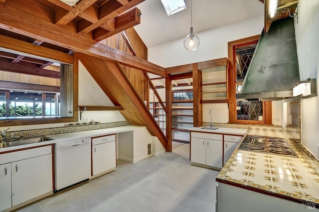 kitchen with island exhaust hood, hanging light fixtures, white dishwasher, and a sink