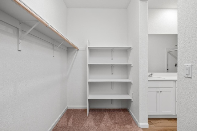 walk in closet with a sink and carpet floors