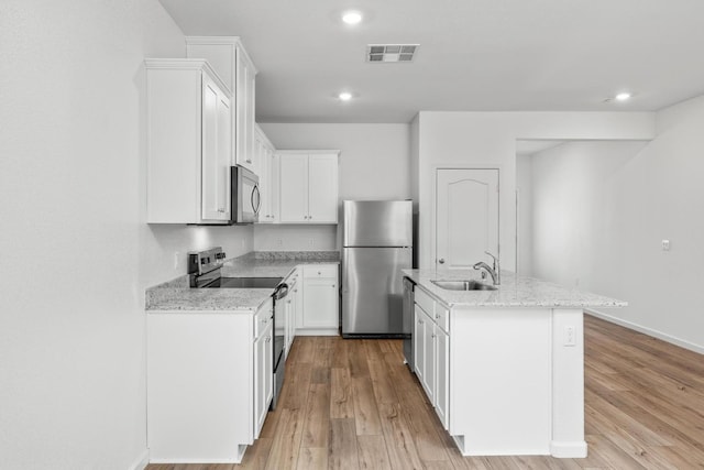 kitchen with visible vents, a sink, white cabinets, light wood-style floors, and appliances with stainless steel finishes