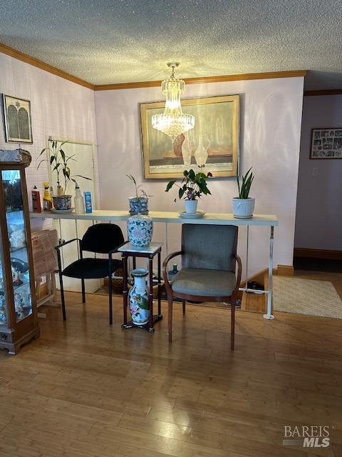 interior space with wood finished floors, a textured ceiling, and ornamental molding