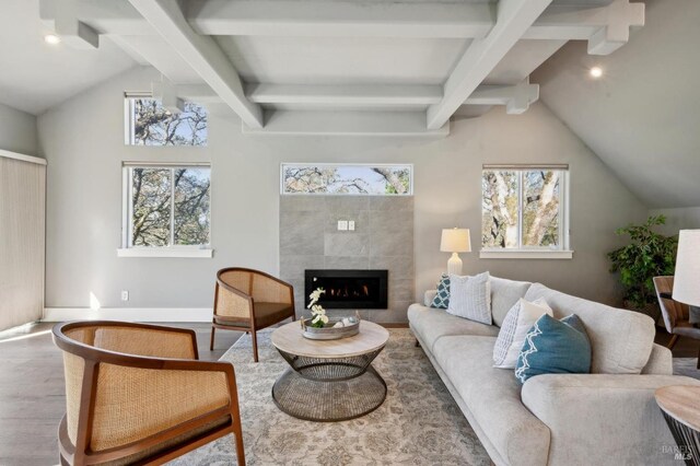 3292 Holland Dr, Santa Rosa, CA 95404 - living room featuring a tiled fireplace, plenty of natural light, wood finished floors, and baseboards