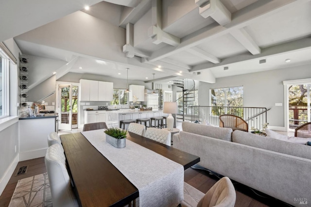 3292 Holland Dr, Santa Rosa, CA 95404 - dining space featuring visible vents, baseboards, beamed ceiling, and wood finished floors