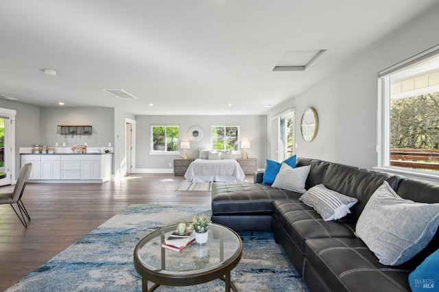 3292 Holland Dr, Santa Rosa, CA 95404 - living area with dark wood finished floors, recessed lighting, visible vents, and baseboards