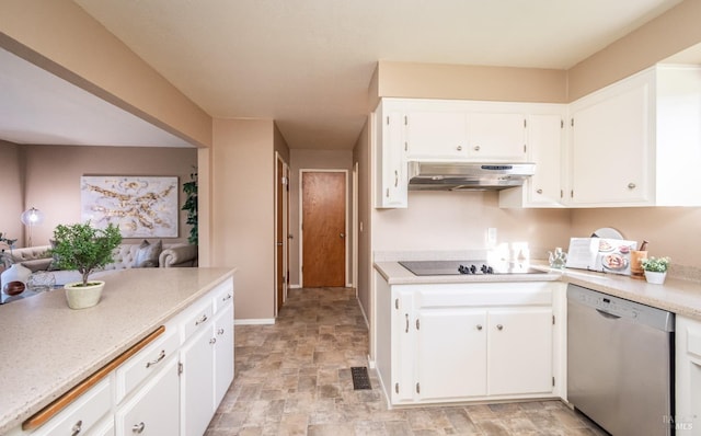 kitchen with white cabinetry, light countertops, under cabinet range hood, dishwasher, and black electric stovetop