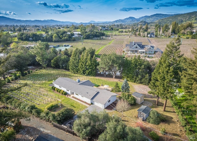 drone / aerial view featuring a mountain view and a rural view