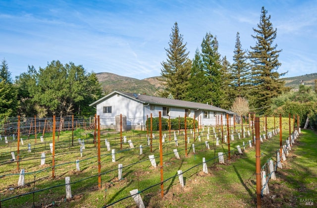 view of yard featuring fence and a mountain view