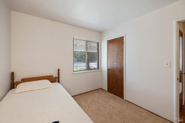 bedroom featuring light colored carpet and a closet
