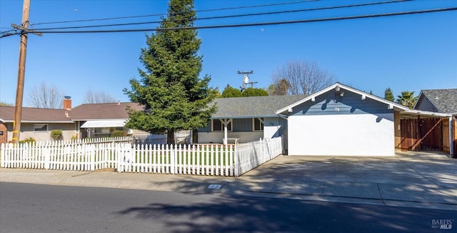 single story home with a fenced front yard, driveway, and an attached garage