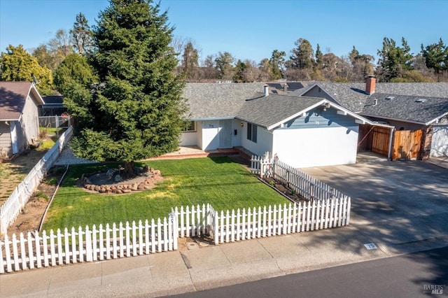 ranch-style home featuring a fenced front yard, a front yard, roof with shingles, and driveway