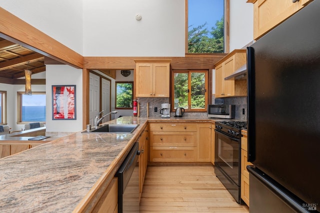 kitchen featuring tasteful backsplash, light brown cabinets, light wood-style floors, black appliances, and a sink