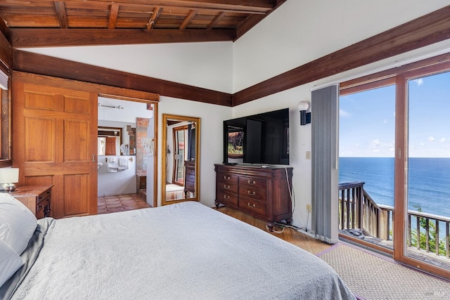 bedroom with ensuite bathroom, wood ceiling, lofted ceiling with beams, and access to outside