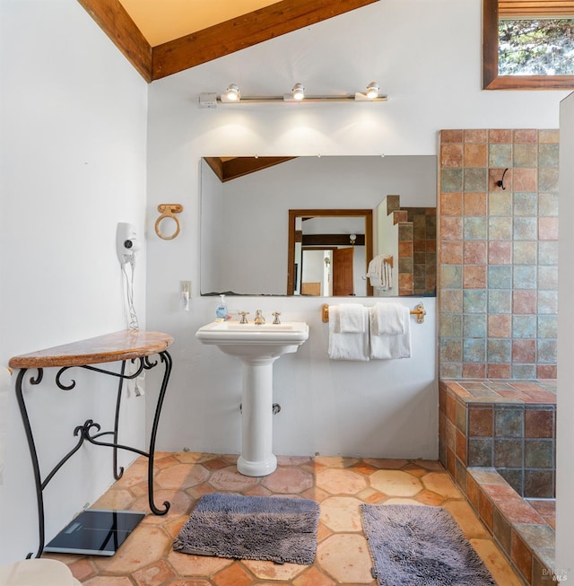 bathroom with walk in shower, lofted ceiling, and a sink