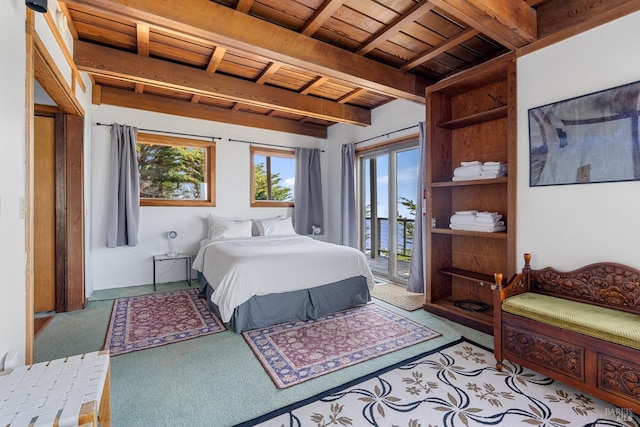 bedroom featuring beamed ceiling, light colored carpet, wooden ceiling, and access to outside