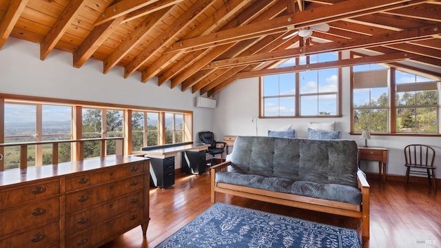 sitting room with hardwood / wood-style flooring, a healthy amount of sunlight, beamed ceiling, and a wall unit AC